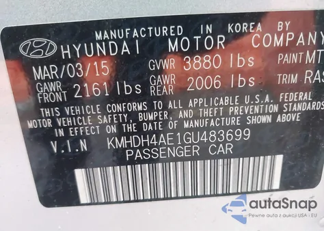 2016 Hyundai Elantra Se from USA, damaged, VIN KMHDH4AE1GU483699